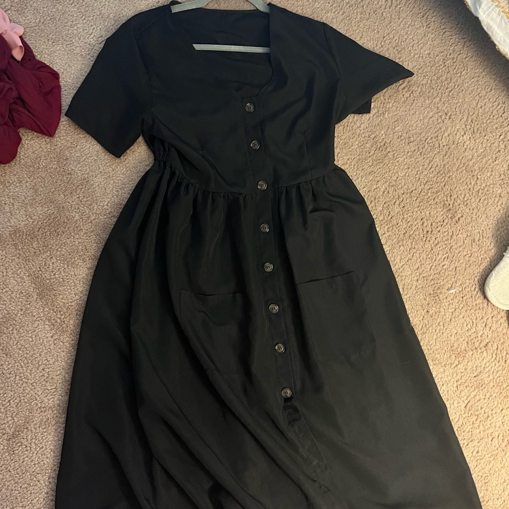 Black Work Dress with Tortoise Shell Buttons